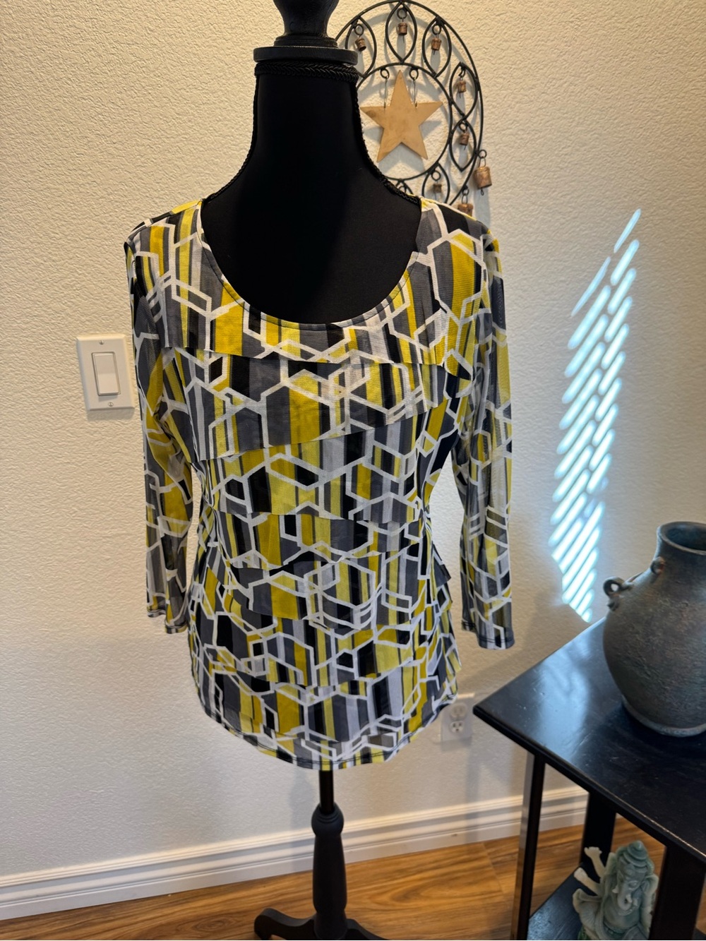 Alfani Geometric Scoop Neck Blouse - Yellow, Black & Gray